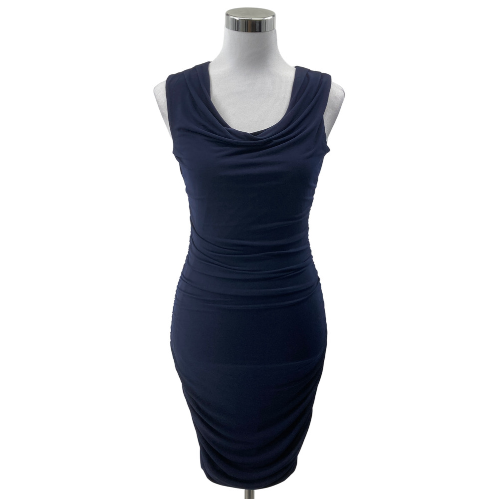 Enfocus Studio 6 Navy Blue Ruched Cowl Neck Sleeveless Bodycon Dress